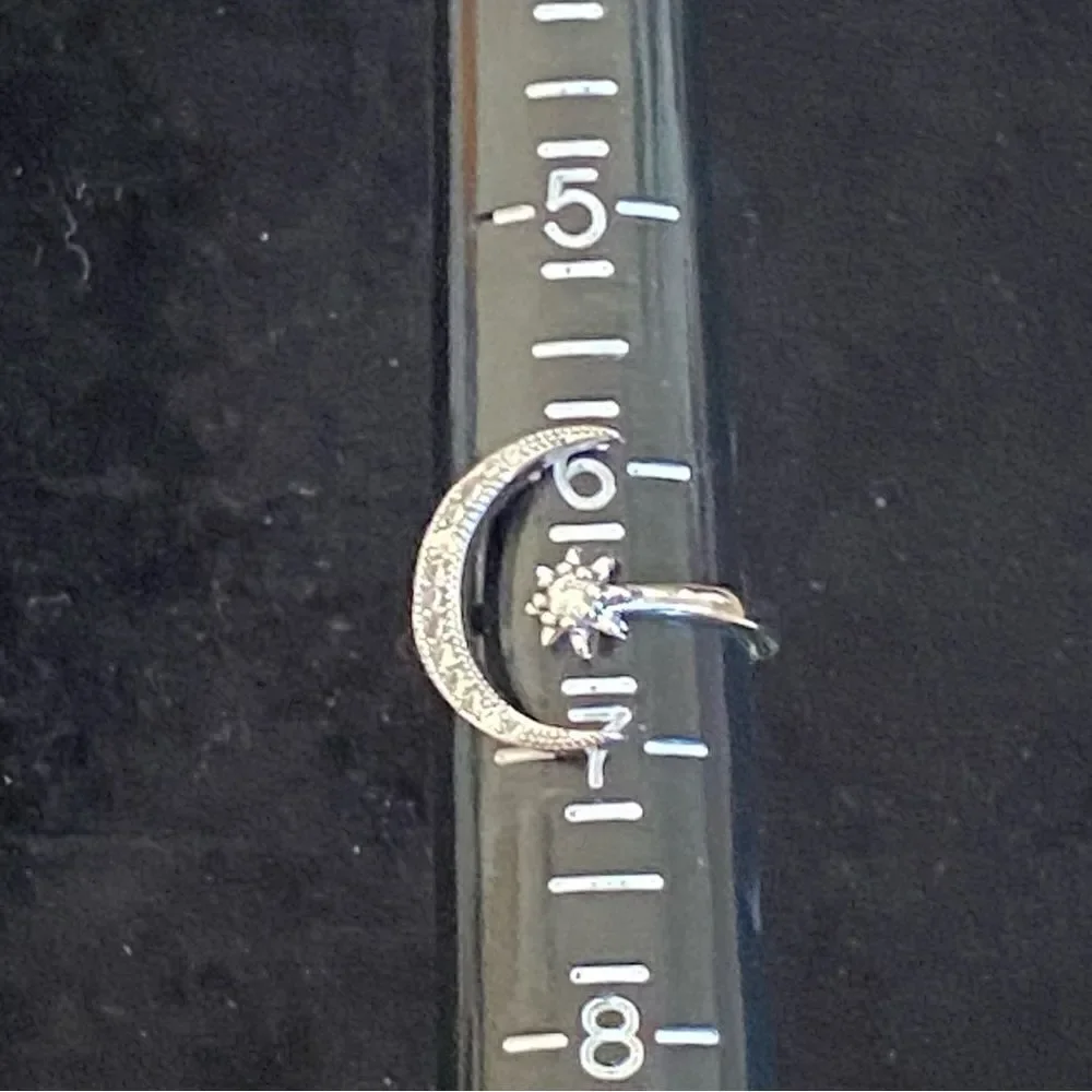 Celestial Crescent Moon Star Silver Tone Crystal Adjustable Ring NWT